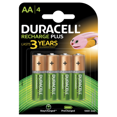 Duracell AA, 4 Batteries, 1300mAh, Rechargeable Plus Duracell AA, 4 Batteries, 1300mAh, Rechargeable Plus