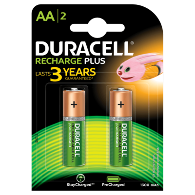 Duracell AA, 2 Batteries, 1300mAh, Recharge Plus Duracell AA, 2 Batteries, 1300mAh, Recharge Plus