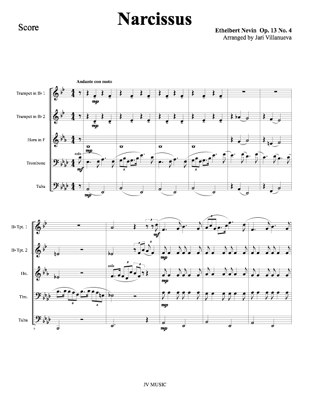 Narcissus by Ethelbert Nevin Op.13, No. 4  Brass Quintet  Store  JV 