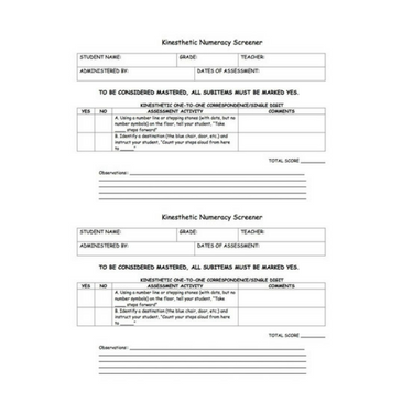 Kinesthetic Numeracy Screener - Kindergarten Kinesthetic Numeracy Screener - Kindergarten