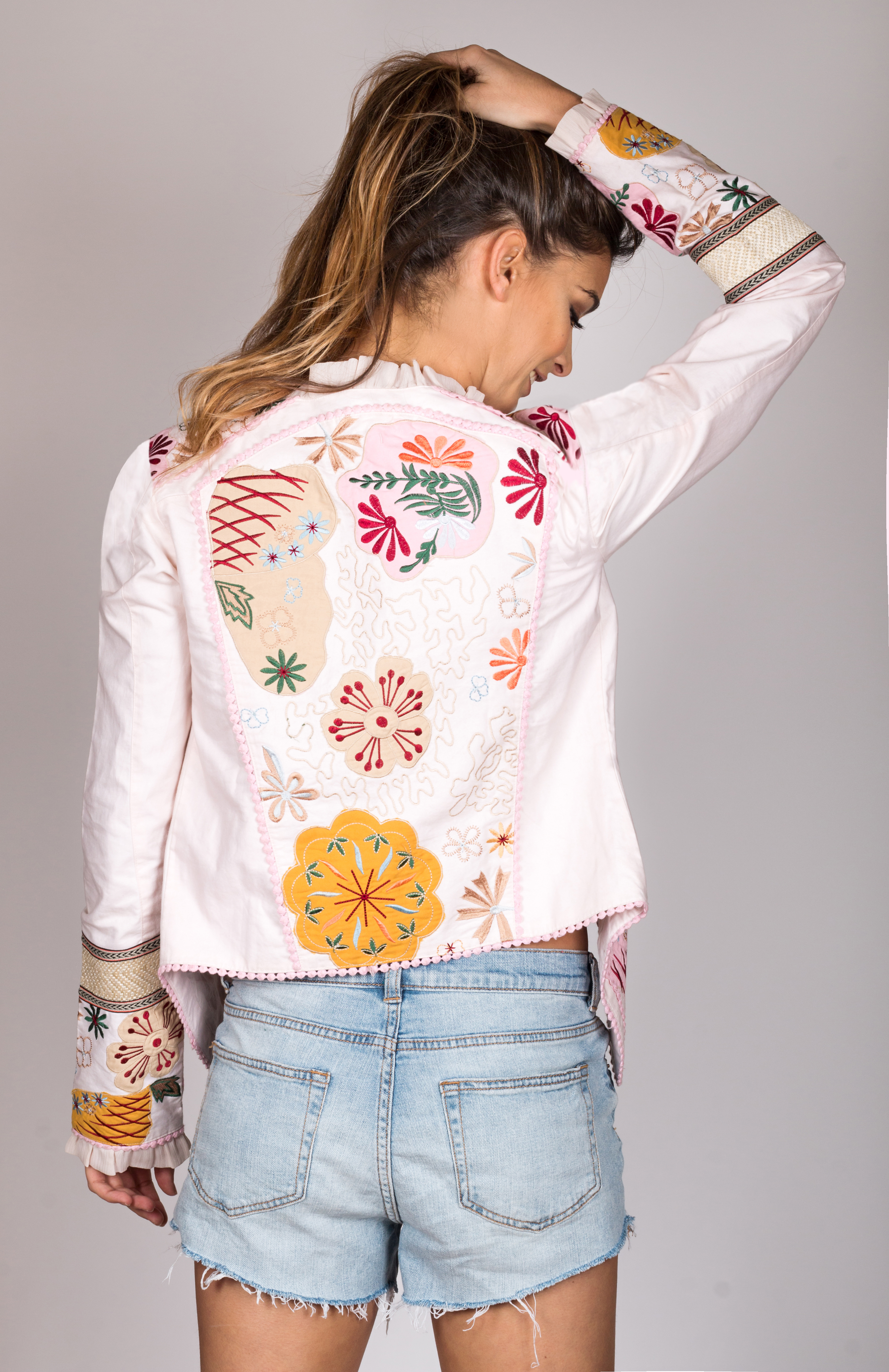Shoklett: Pale Pink Rose Ruffled Jody Cotton Jacket