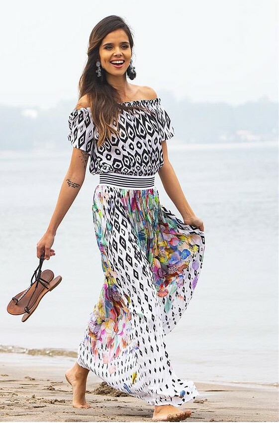 Paul Brial: Colors Of The Water Lily Off Shoulder Maxi Dress PB_MIRAGE