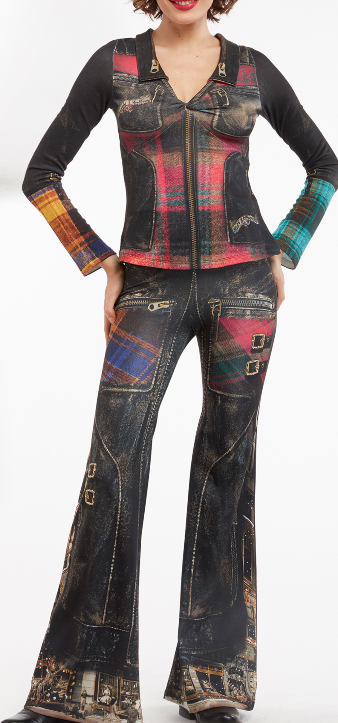 IPNG: Biker Chic Let It Snow Plaid Illusion Wide Leg Pants