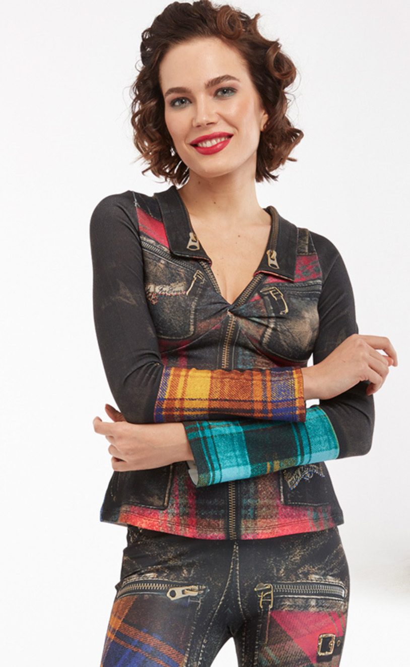 IPNG: Biker Chic Let It Snow Plaid Zip Illusion Top