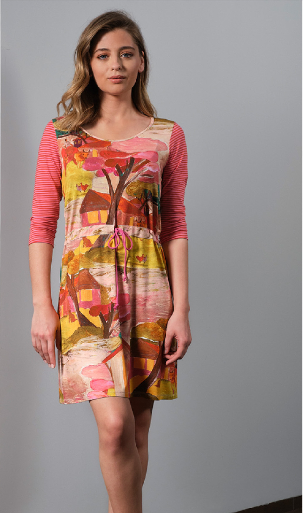 Paul Brial: Pink Forest Canvas Pull Tie High Waist Midi Dress PB_CEZANNE_N