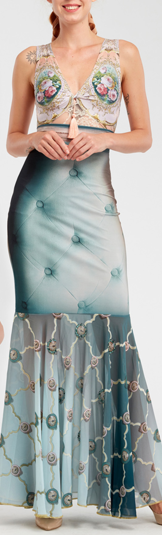 IPNG: Inna Me Clock Reflection Illusion Long Ruffled Skirt (Some Ship Immed!)