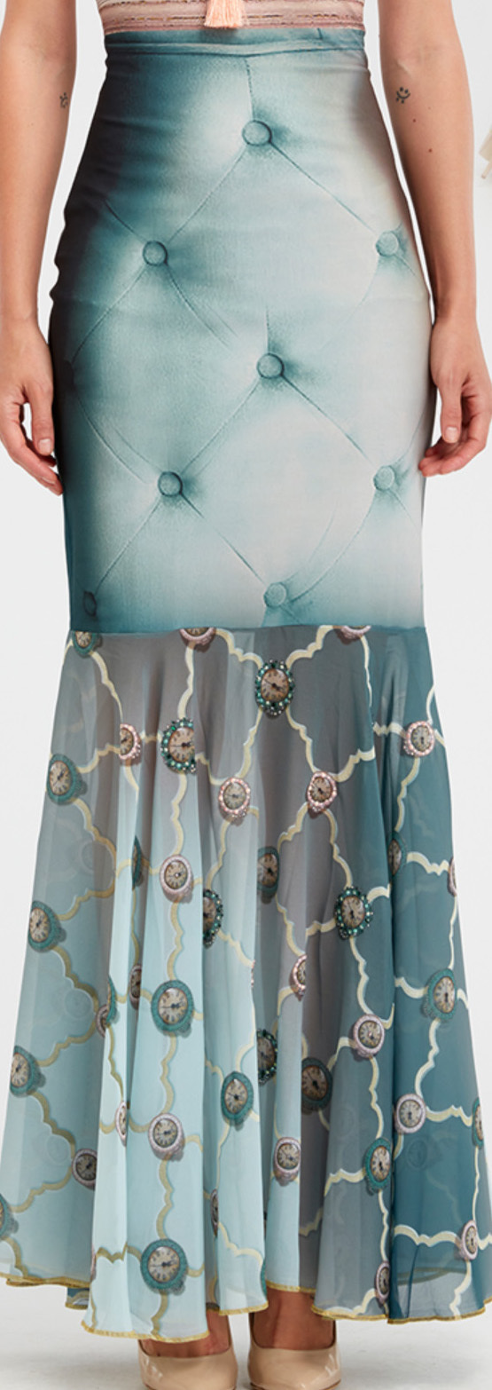 IPNG: Inna Me Clock Reflection Illusion Long Ruffled Skirt (Some Ship Immed!)