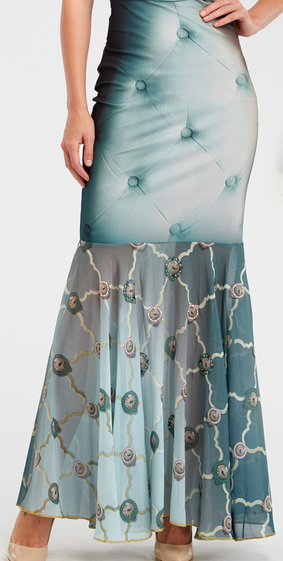 IPNG: Inna Me Clock Reflection Illusion Long Ruffled Skirt (Some Ship Immed!) IPNG_TIMSKRL-039