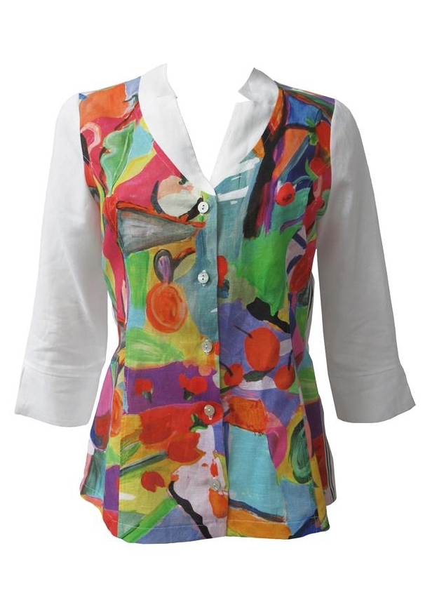 Maloka: Apples & Cherries Abstract Art Linen Buttoned Down Jacket