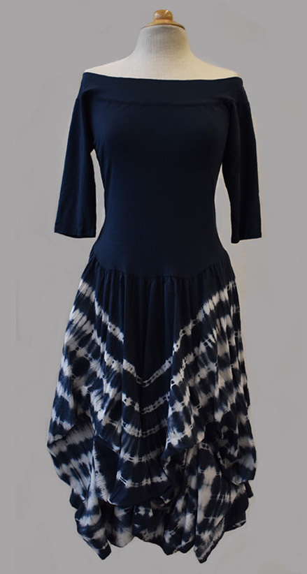 Luna Luz: Tied & Dyed Off Shoulder Diagonal Striped Hem Dress (Ships Immed in Navy!)