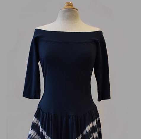 Luna Luz: Tied & Dyed Off Shoulder Diagonal Striped Hem Dress (Ships Immed in Navy!)