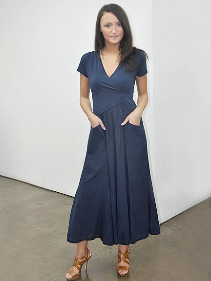 Luna Luz: Short Sleeve Cross Over Bodice Tie Dye Long Dress (Ships Immed: Navy Shoreline & Black Botanical!) LL_518_NAVYSHORELINE_NEW