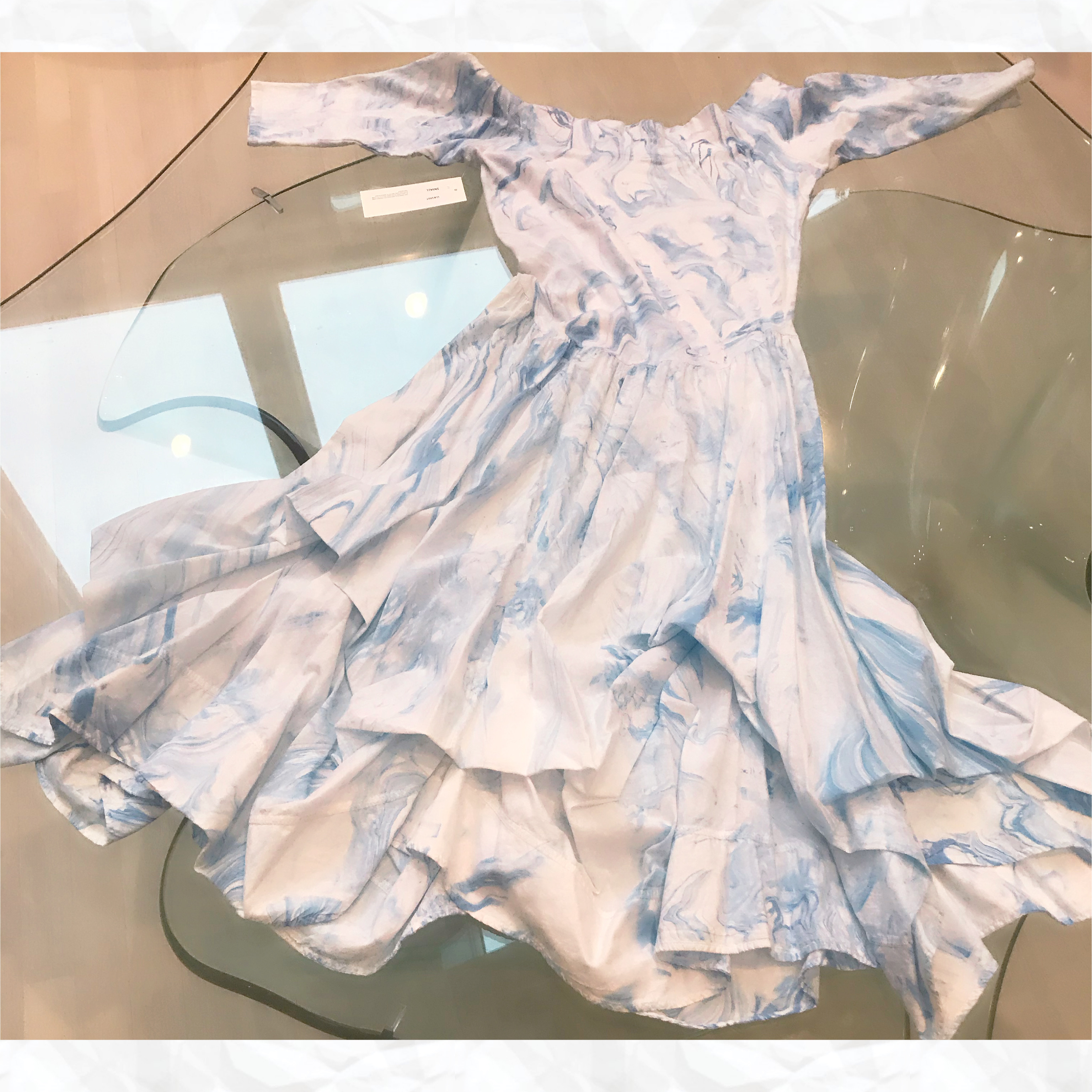 Luna Luz: Tied & Dyed Off The Shoulder Godet Dress (Ships Immed, 1 Left in Blue Marble) LL_393T_BLUEMARBLE