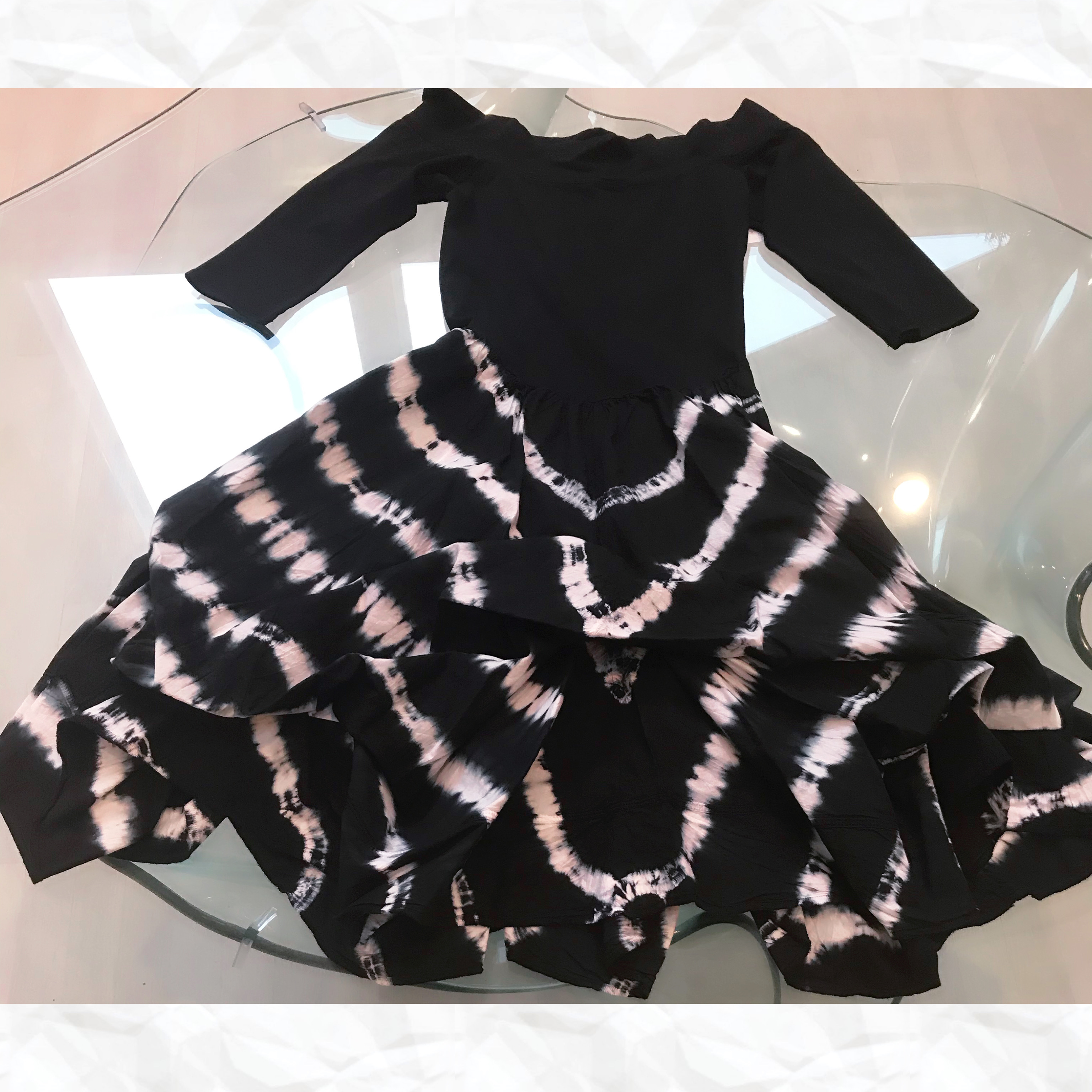 Luna Luz: Tied & Dyed Off Shoulder Diagonal Striped Hem Dress (Ships Immed in Black!) LL_393T_BDS_BLACK
