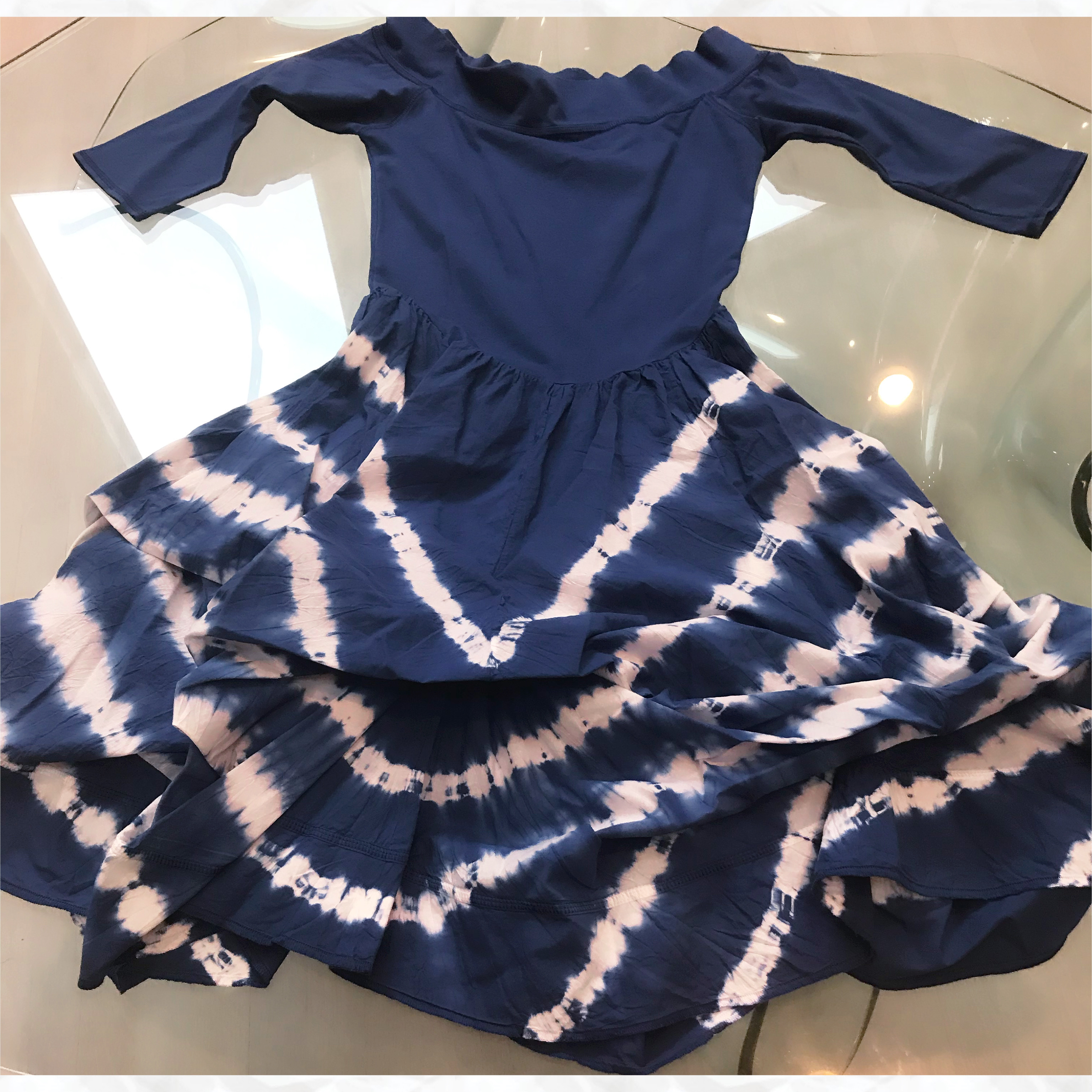 Luna Luz: Tied & Dyed Off Shoulder Diagonal Striped Hem Dress (Ships Immed in Navy!) LL_393T_BDS_NAVY