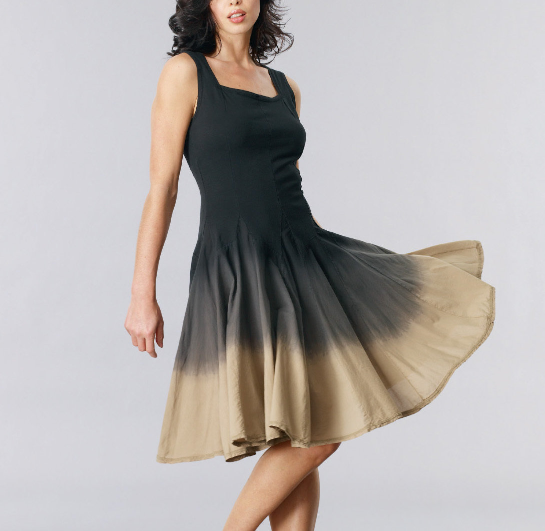 Luna Luz: Godet Dyed Black/White Ombre Square Neck Dress (Ships Immed, 2 Left in Black/White!)
