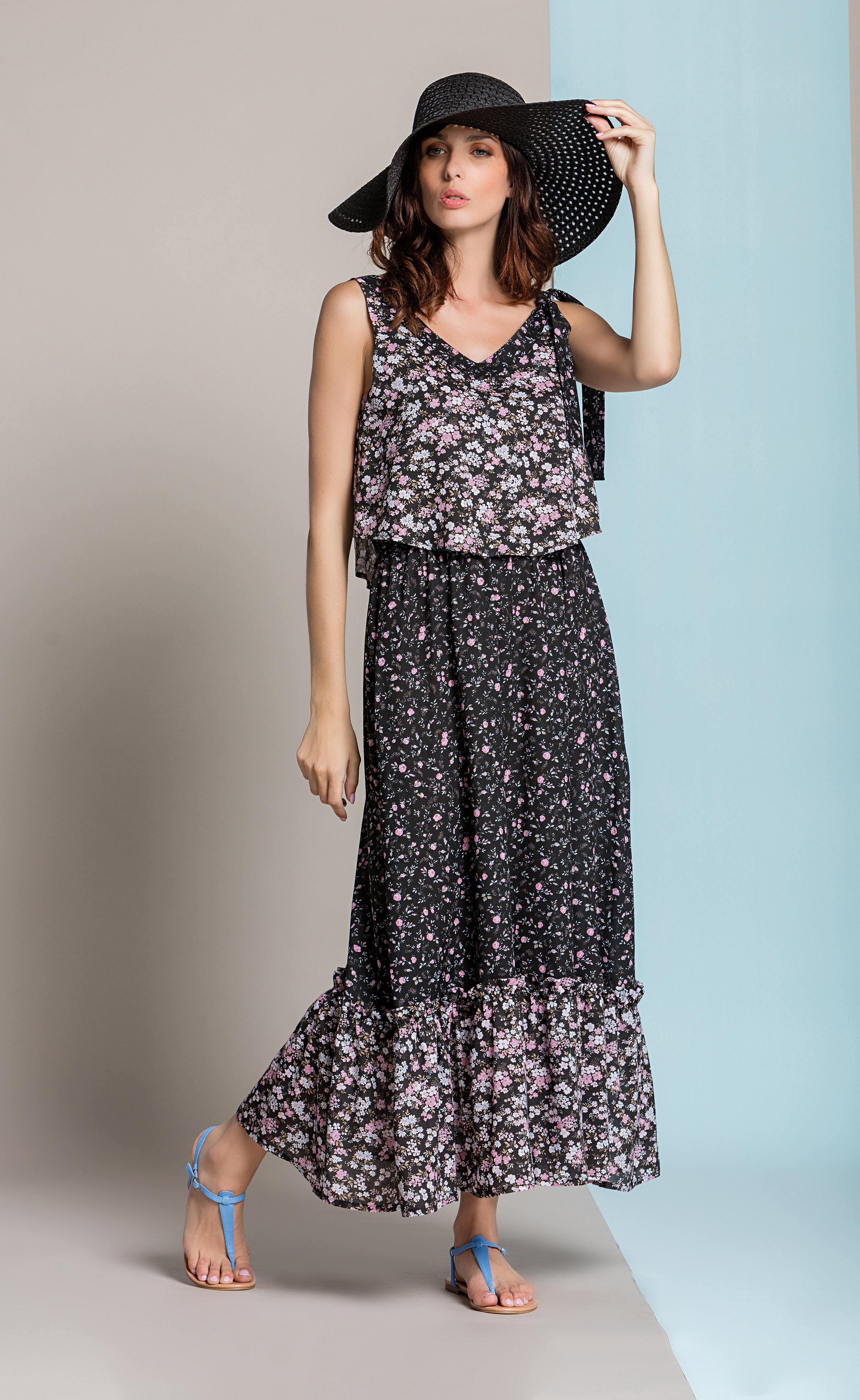 Paul Brial: Frill Draped Bodice Blush Flower Maxi Dress (2 Left!) PB_AMARYLLIS_BLUSH_N3
