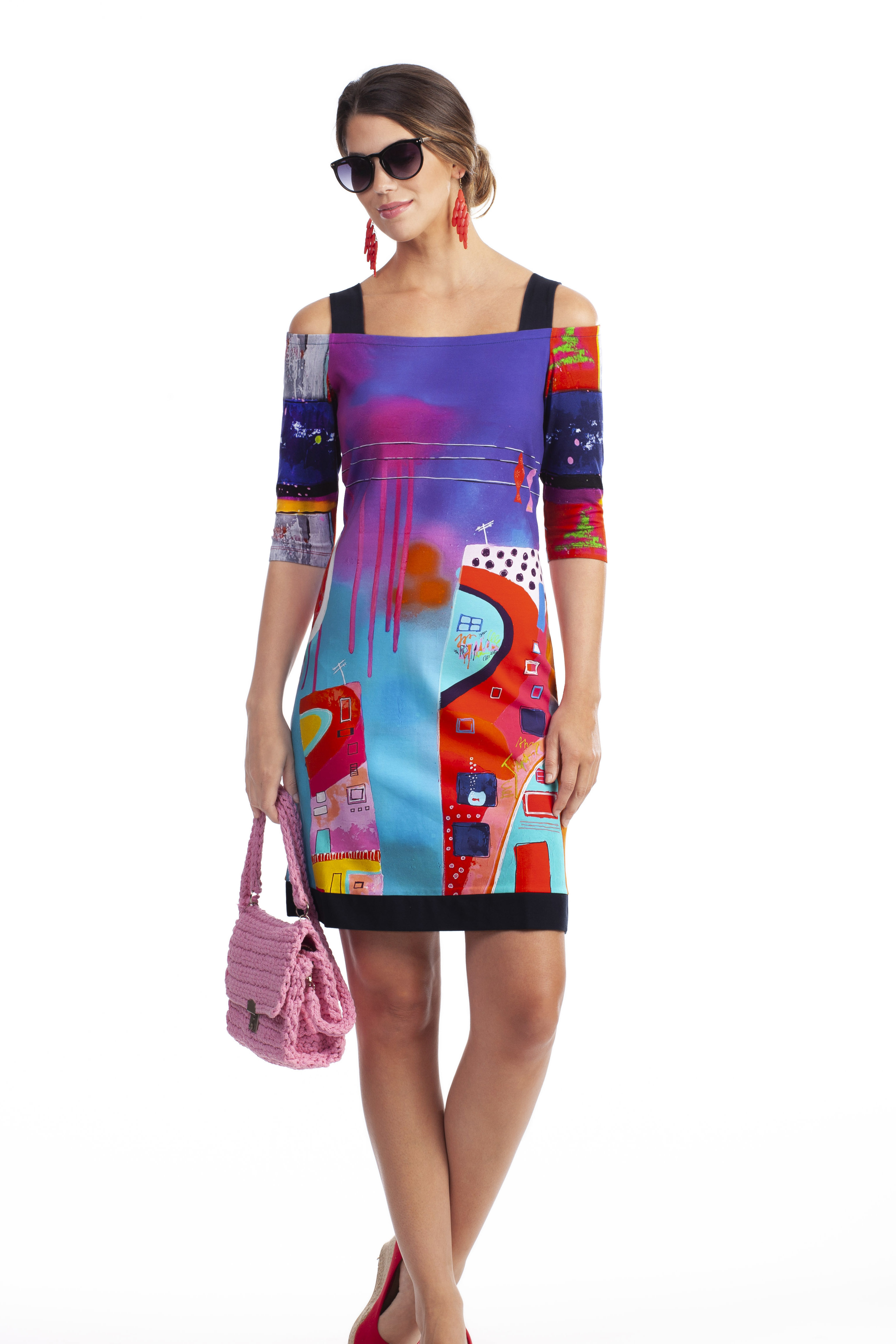 Simply Art Dolcezza: Fuschia Paint Spill Cold Shoulder Midi Dress/Tunic SOLD OUT