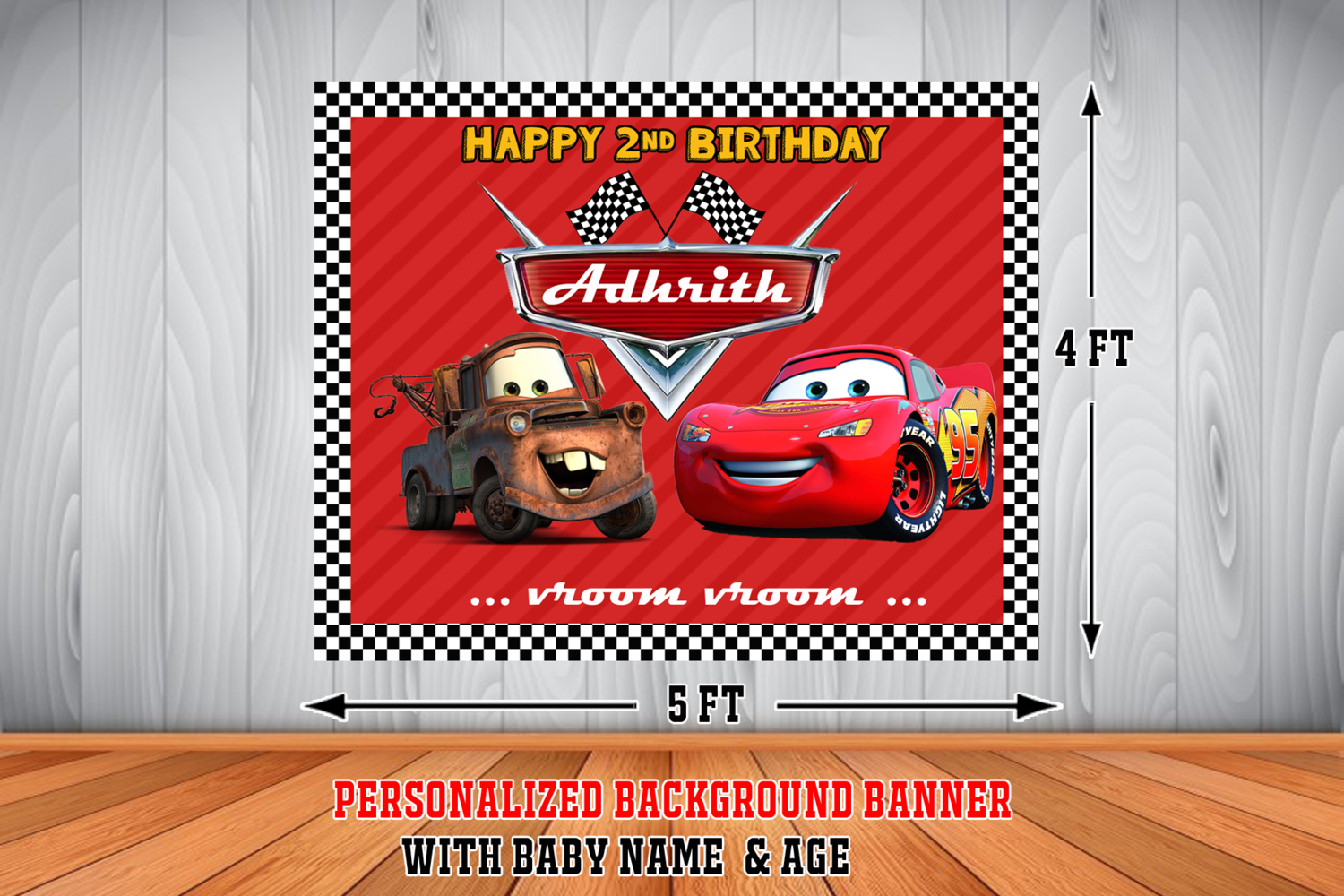 Personalized McQueen Car Birthday Backdrop / Background Banner 2 (4ft