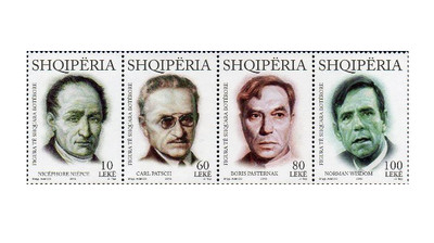 Албания. Юбилеи выдающихся деятелей: изобретатель фотографии Нисефор Ньепс, историк Карл Патч, поэт и писатель Борис Пастернак и актёр Норман Уиздом. Сцепка из 4 марок Албания. Юбилеи выдающихся деятелей: изобретатель фотографии Нисефор Ньепс, историк Карл Патч, поэт и писатель Борис Пастернак и актёр Норман Уиздом. Сцепка из 4 марок