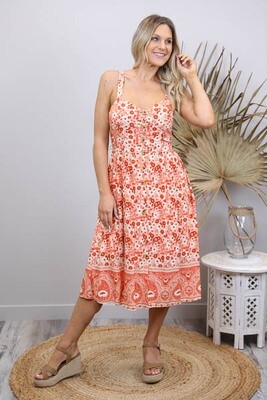 Shelly Beach Button Midi Dress - Terracotta/White Fleur Wide Strap Shelly Beach Button Midi Dress - Terracotta/White Fleur Wide Strap
