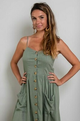 Shelly Beach Button Miniish Dress - Khaki Linen Blend Thin Strap Shelly Beach Button Miniish Dress - Khaki Linen Blend Thin Strap