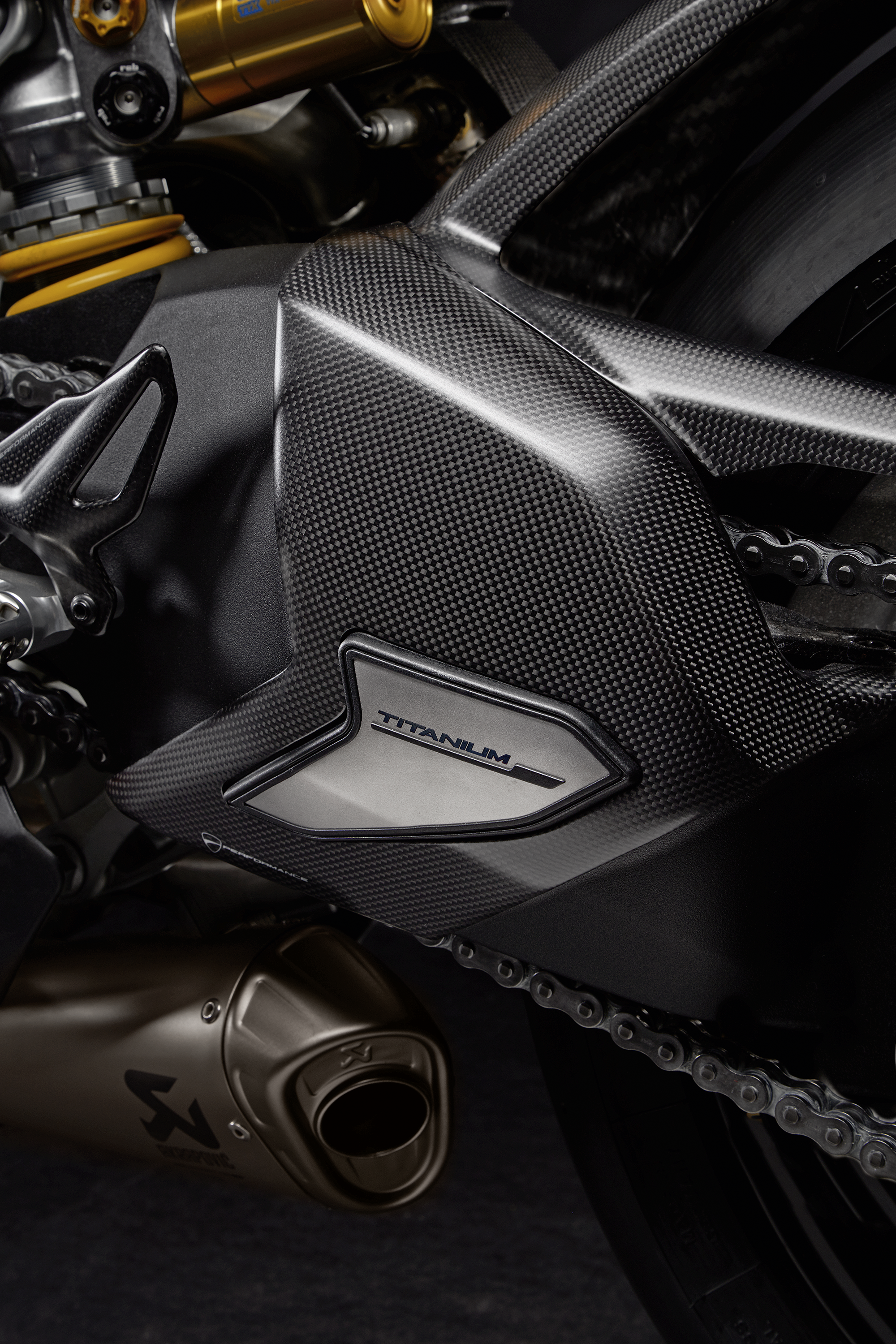 Carbon and titanium swingarm guard.