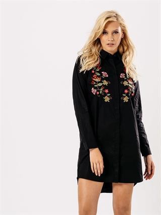 black embroidered shirt dress