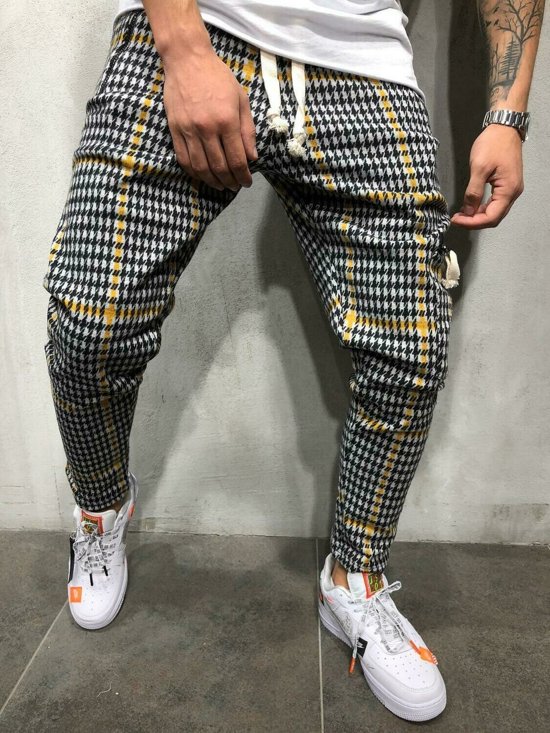 yellow pants with checkered stripe