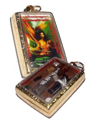 Locket Taep Mae Nang Fa (Mother Fairy Prai Deva) - Ongk Kroo Pim B (1 Takrut, 4 Gems, In Koo, Chin Aathan, Ghost Bone + Pong Prai Flask) - Pra Ajarn Taep Pongsawadarn 2555 BE Gold Micron case included Locket Taep Mae Nang Fa (Mother Fairy Prai Deva) - Ongk Kroo Pim B (1 Takrut, 4 Gems, In Koo, Chin Aathan, Ghost Bone + Pong Prai Flask) - Pra Ajarn Taep Pongsawadarn 2555 BE Gold Micron case included