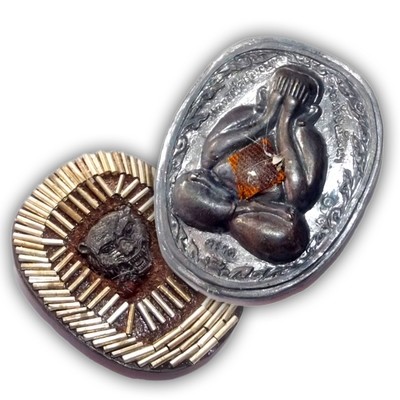 Pra Pid Ta Pokasap Nuea Loha Rom Dam with 108 Takrut, Sacred Gemstone, Buddhist Relics, and Tiger Amulet by Luang Por Supoj of Wat Huang Pattana Pra Pid Ta Pokasap Nuea Loha Rom Dam with 108 Takrut, Sacred Gemstone, Buddhist Relics, and Tiger Amulet by Luang Por Supoj of Wat Huang Pattana