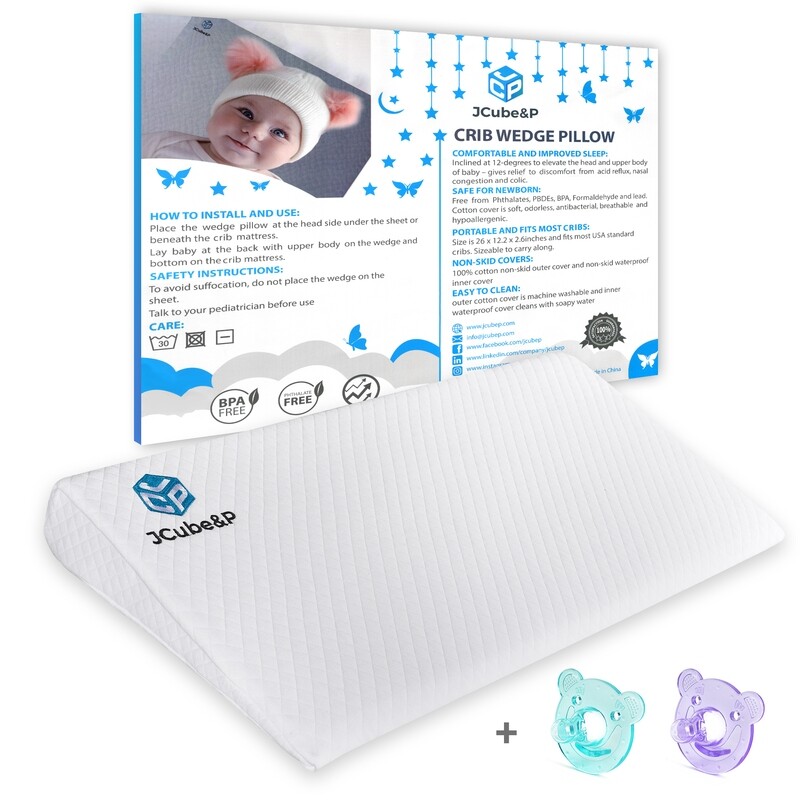 Crib Wedge Pillow with Cotton & Waterproof Covers - 2 Bonus Pacifiers - Newborn Wedge Pillow for Better Sleep - Nasal Congestion, Colic & Acid Reflux Relief Crib Wedge Pad Crib Wedge Pillow with Cotton & Waterproof Covers - 2 Bonus Pacifiers - Newborn Wedge Pillow for Better Sleep - Nasal Congestion, Colic & Acid Reflux Relief Crib Wedge Pad