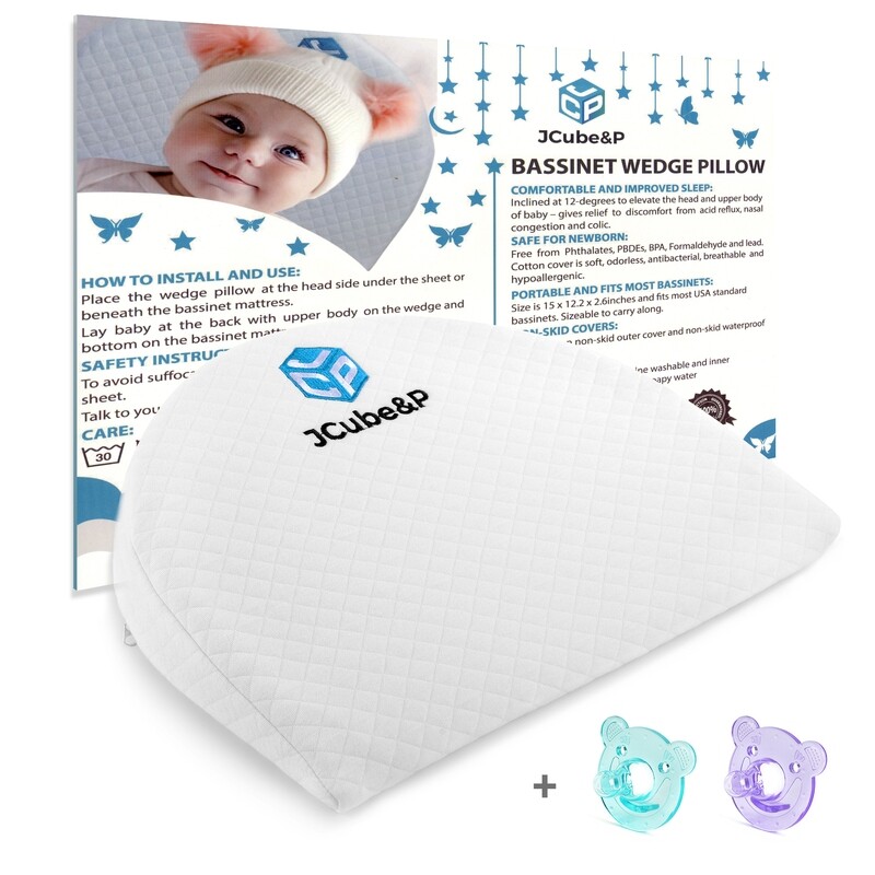 Baby Bassinet Wedge Pillow with Cotton & Waterproof Covers - 2 Bonus Pacifiers - Nasal Congestion, Colic & Acid Reflux Relief Bassinet Wedge Pad Baby Bassinet Wedge Pillow with Cotton & Waterproof Covers - 2 Bonus Pacifiers - Nasal Congestion, Colic & Acid Reflux Relief Bassinet Wedge Pad