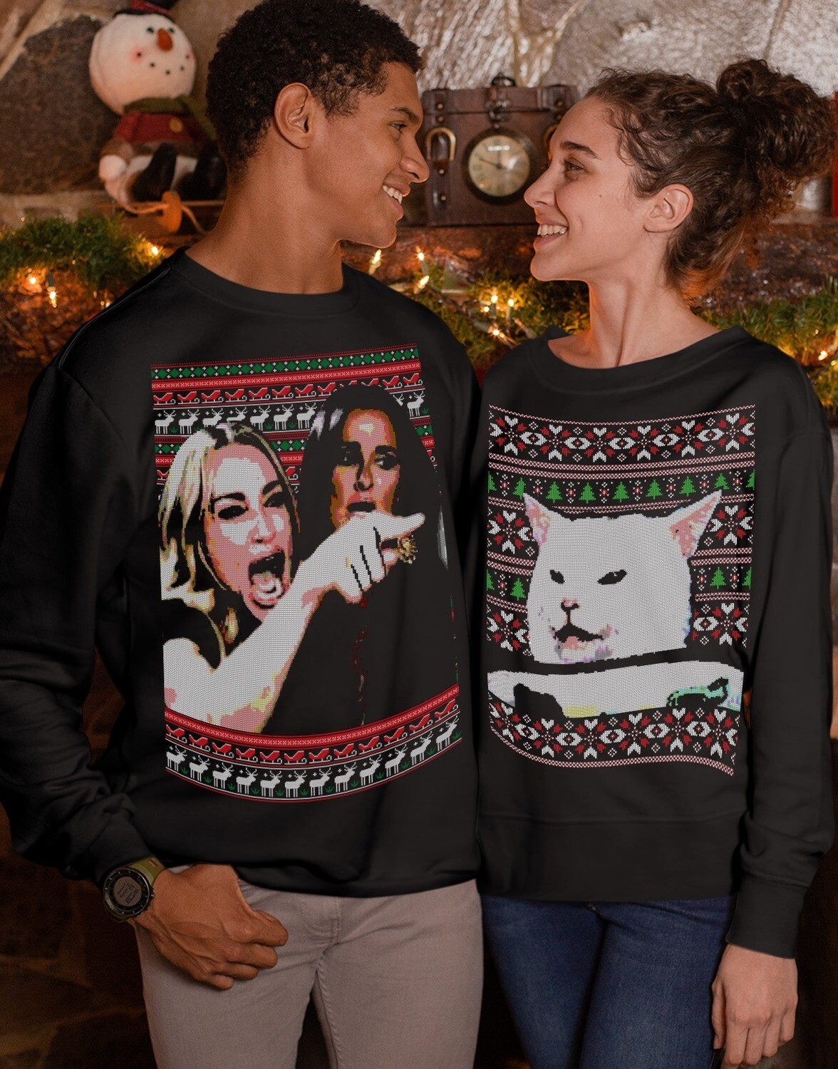 Woman Yelling at Cat Meme Ugly Christmas Sweater Sweatshirt 