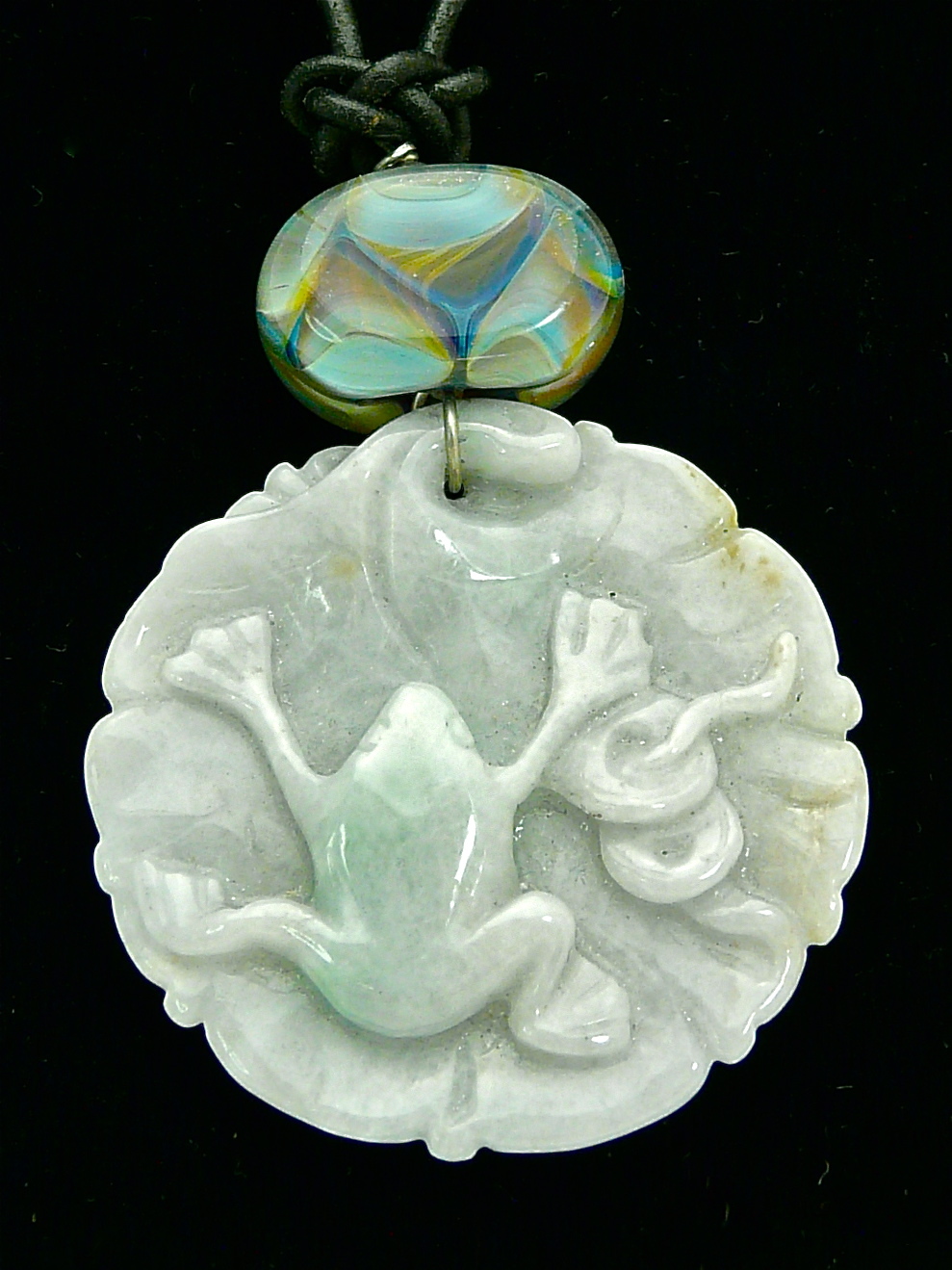 Green Jade Frog, Kreitter Lamp Work Glass Pendant Necklace