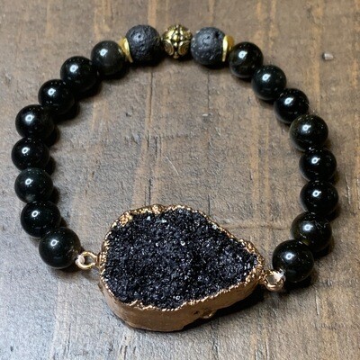 Gold & Black Obsidian Druzy Bracelet-8mm (7.75 Gold & Black Obsidian Druzy Bracelet-8mm (7.75