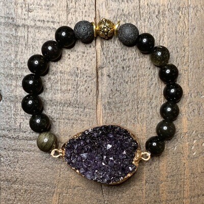 Gold & Black Obsidian Druzy Bracelet-8mm (6.5 Gold & Black Obsidian Druzy Bracelet-8mm (6.5