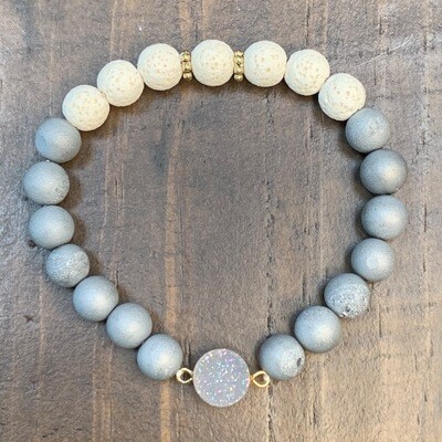 Grey Druzy & Lava Beads Bracelet-8mm Grey Druzy & Lava Beads Bracelet-8mm