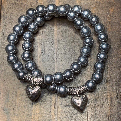 Hematite Protection Bracelet-Hammered Heart Hematite Protection Bracelet-Hammered Heart