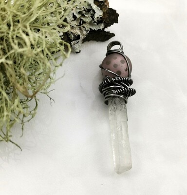 Crystal Healing, Crystal Quartz Points, Quartz Healing Stones, Reiki, Meditation, Pink Lampwork, Gray Polka dots, Crystal Pendant, Steel Wire Wrapped, Steel Wire, Pendant, Necklace, Gifts for Her Crystal Healing, Crystal Quartz Points, Quartz Healing Stones, Reiki, Meditation, Pink Lampwork, Gray Polka dots, Crystal Pendant, Steel Wire Wrapped, Steel Wire, Pendant, Necklace, Gifts for Her