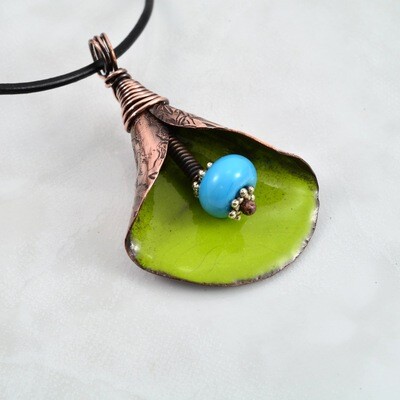 Rustic, Green Torch Fired, Enameled Copper, Lily Flower Pendant, Blue Lampwork, Focal Bead, Jewelry Gifts, Gift Jewelry, Antiqued Patterned Copper Rustic, Green Torch Fired, Enameled Copper, Lily Flower Pendant, Blue Lampwork, Focal Bead, Jewelry Gifts, Gift Jewelry, Antiqued Patterned Copper