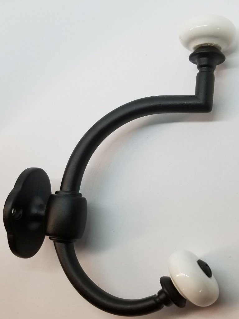 Flat Black Cast Double Front Mount Coat Hook Porcelain Knobs old