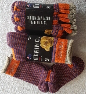 3pair packs Orange/blue Merino Socks (ladies size 2-8)- made in Australia, from Australian merino sheep fibre. 3pair packs Orange/blue Merino Socks (ladies size 2-8)- made in Australia, from Australian merino sheep fibre.