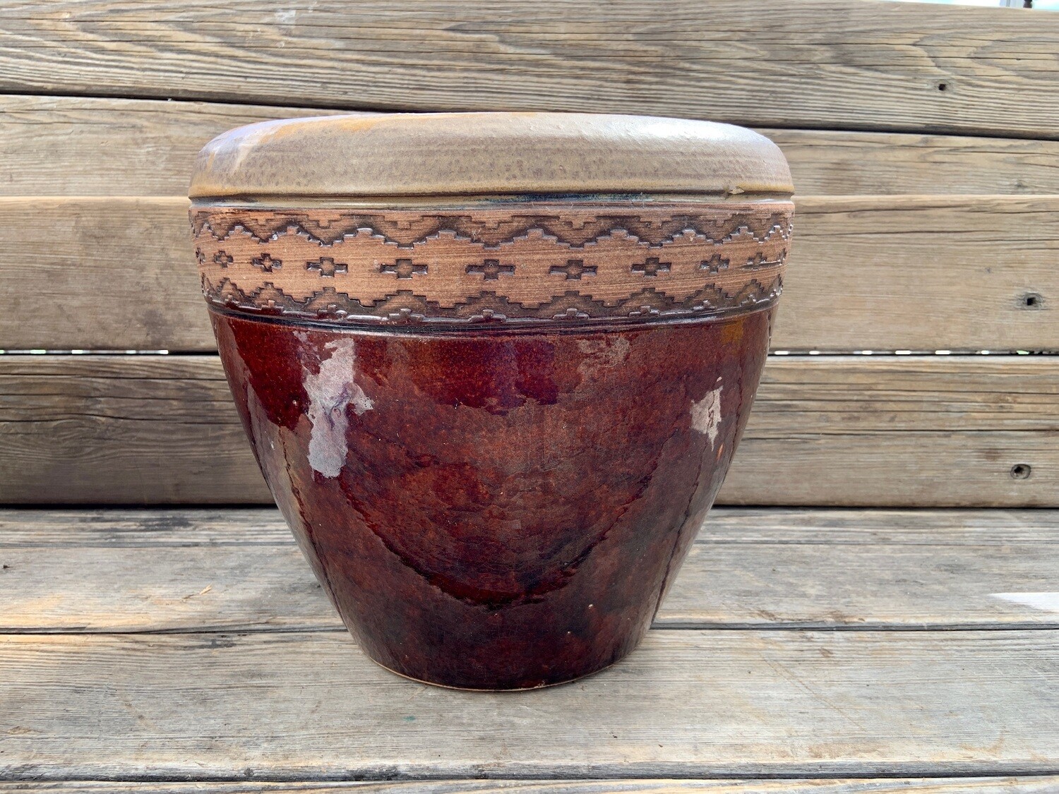 Greenhouse Pot | Glazed Granada Edged Honey/Red | 12 Greenhouse Pot | Glazed Granada Edged Honey/Red | 12