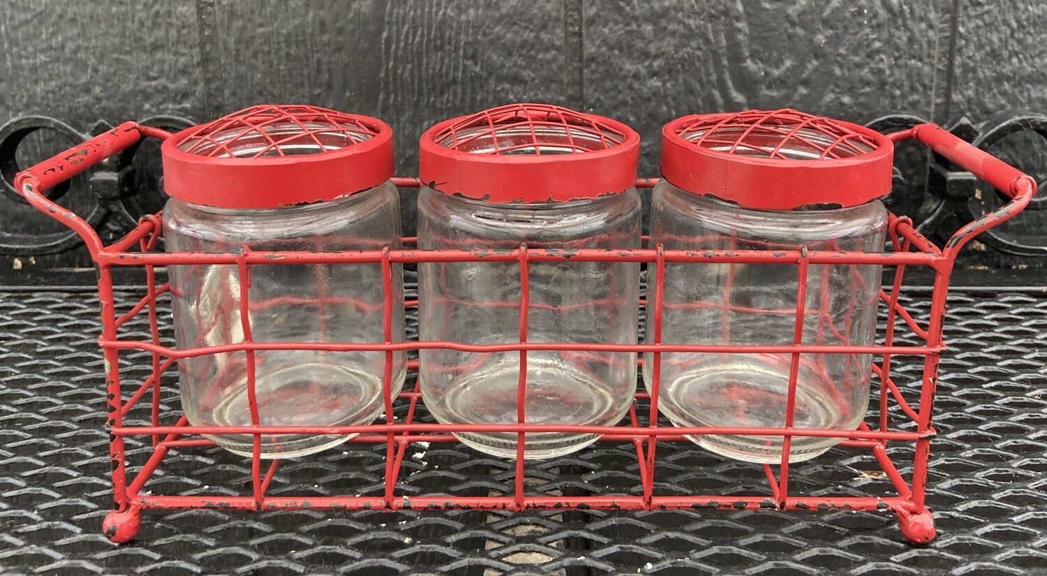 THREE BOTTLE W/RED TRAY JAR THREE BOTTLE W/RED TRAY JAR