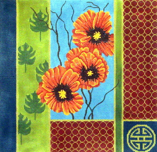 Oriental Palm Leaves & Poppies (handpainted needlepoint canvas from JP Needlepoint) Oriental Palm Leaves & Poppies (handpainted needlepoint canvas from JP Needlepoint)