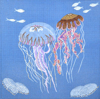 Jelly Fish on Blue Canvas (Handpainted by Dede's Needleworks) Jelly Fish on Blue Canvas (Handpainted by Dede's Needleworks)