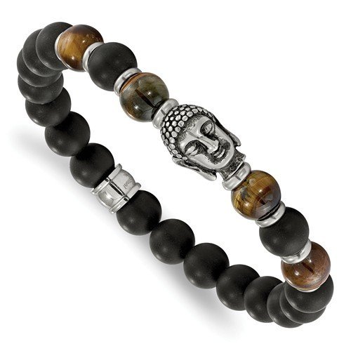 Stainless Steel Buddha Black Agate Tiger Eye Beaded Stretch Bracelet Stainless Steel Buddha Black Agate Tiger Eye Beaded Stretch Bracelet