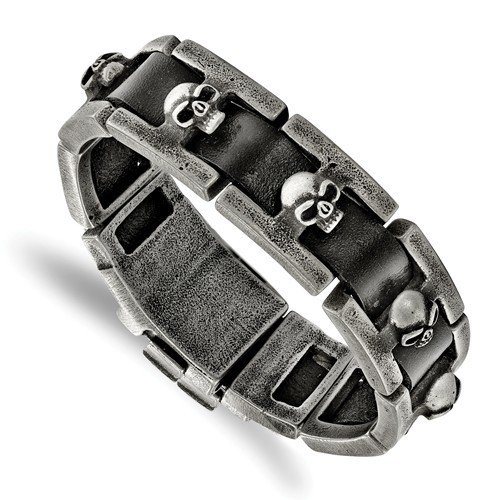 Stainless Steel Brushed Antiqued Skull Black Leather Bracelet Stainless Steel Brushed Antiqued Skull Black Leather Bracelet