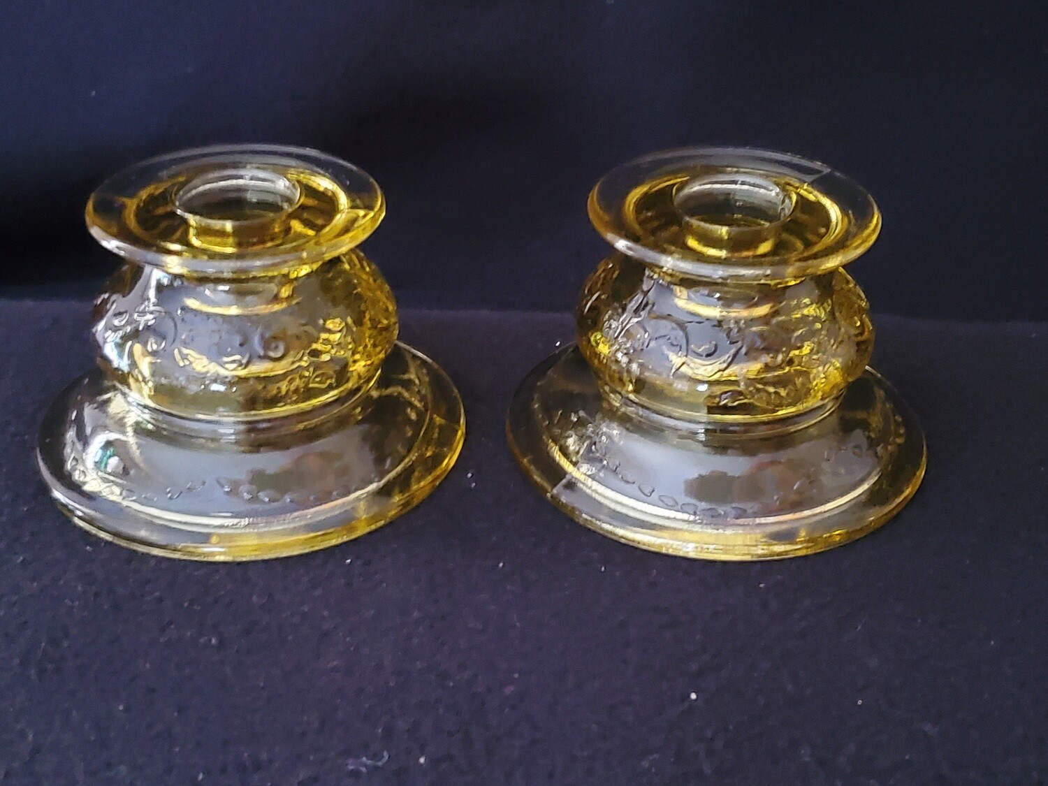 Vintage Amber Yellow Depression Candle Holder Set, Madrid Pattern by